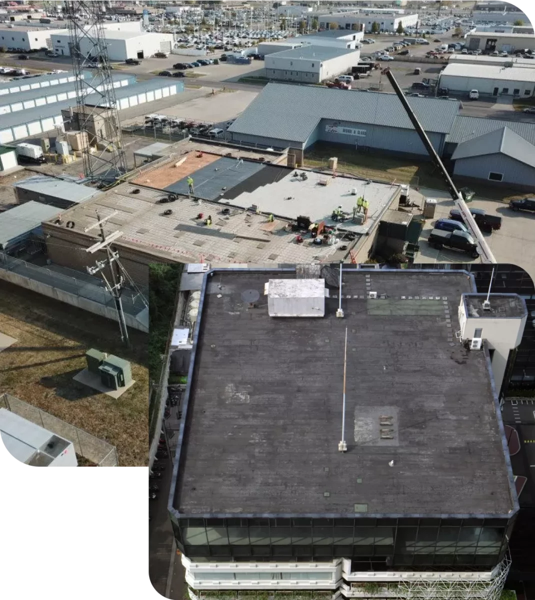 Two rooftops in an industrial area: one under renovation with workers, the other flat and intact, showcasing different building types.