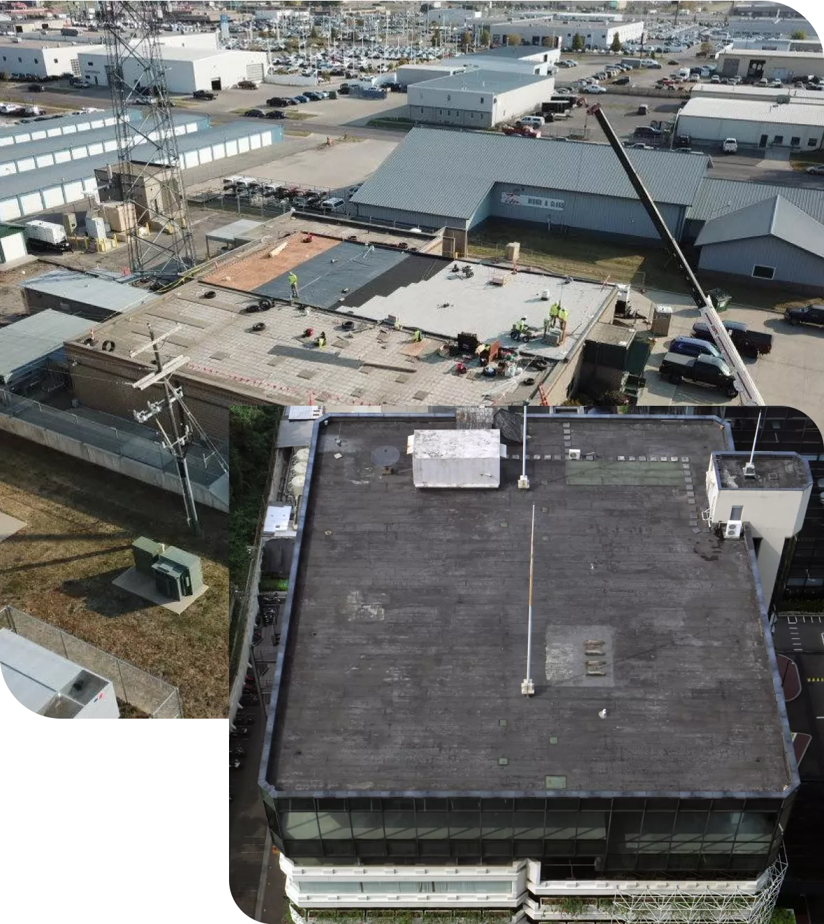 Two rooftops in an industrial area: one under renovation with workers, the other flat and intact, showcasing different building types.