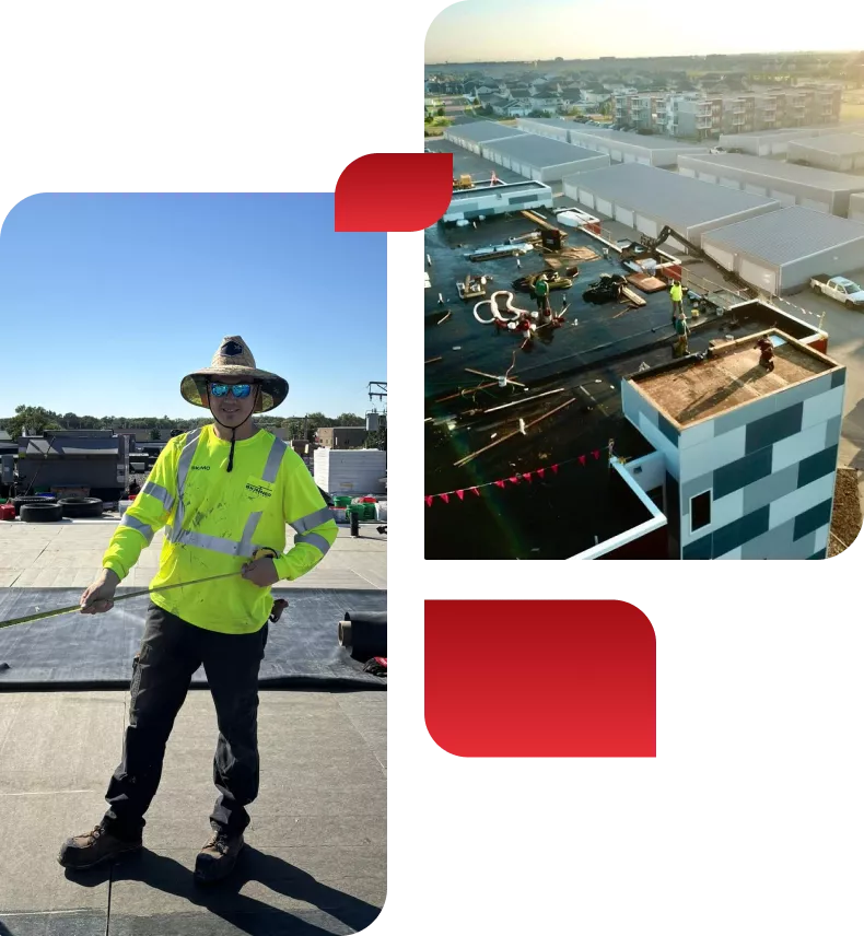 A construction worker in a high-visibility jacket and hat on a roof, holding a tape measure. Another image shows workers on a large roof with nearby buildings.